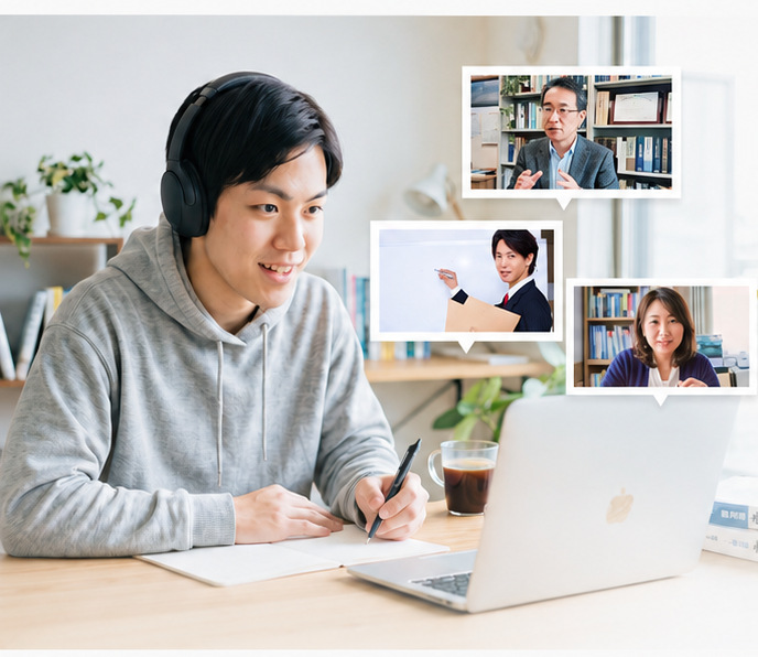 ノートパソコンでオンライン指導を受ける生徒と各科目のプロ講師たち