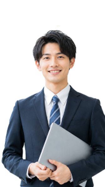 ノートパソコンを持つスーツ姿の男性講師